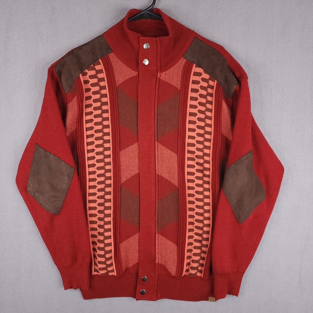 Silversilk Sweater Mens Large Red‎ Geometric Full Zip Suede Trim Elbow Patches L